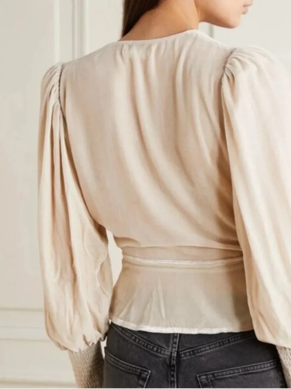 Reformation Cream (Item-27) Mela Rayon Silk Blend Puff Sleeve Velvet Wrap Top XS